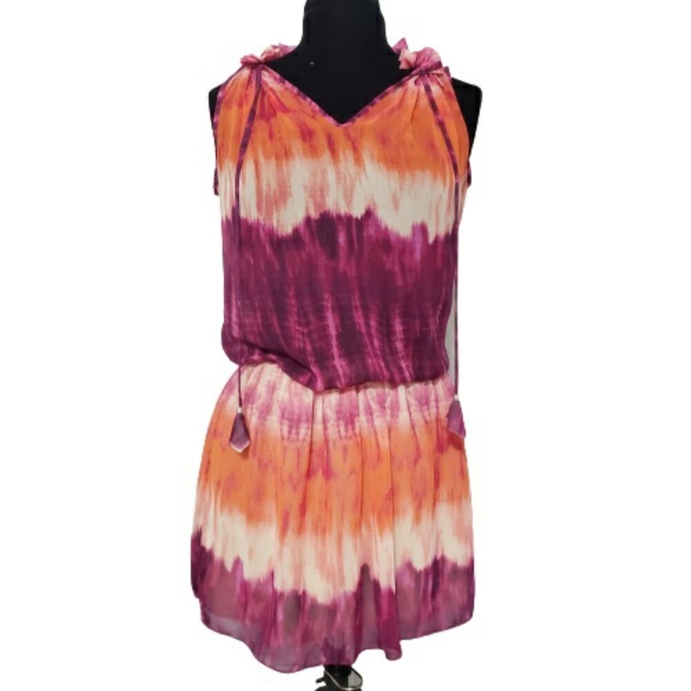 Atina Cristina Tie Dye Sleeveless V Neck Cinched Waist Ruffle Neck Dress XS